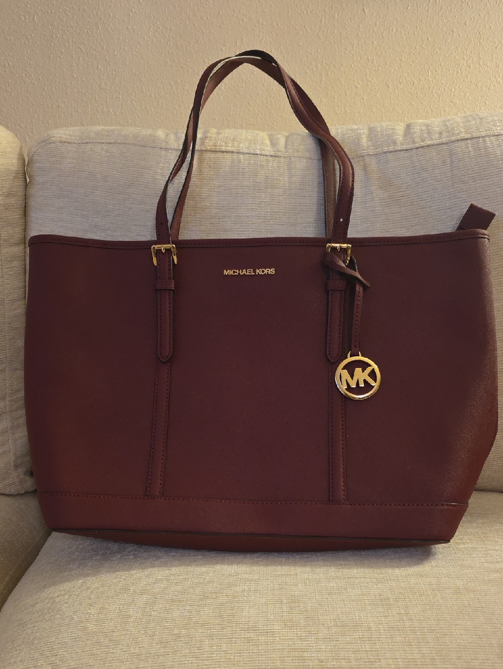 Michael Kors Wine Red Leather Tote with Gold MK Charm
